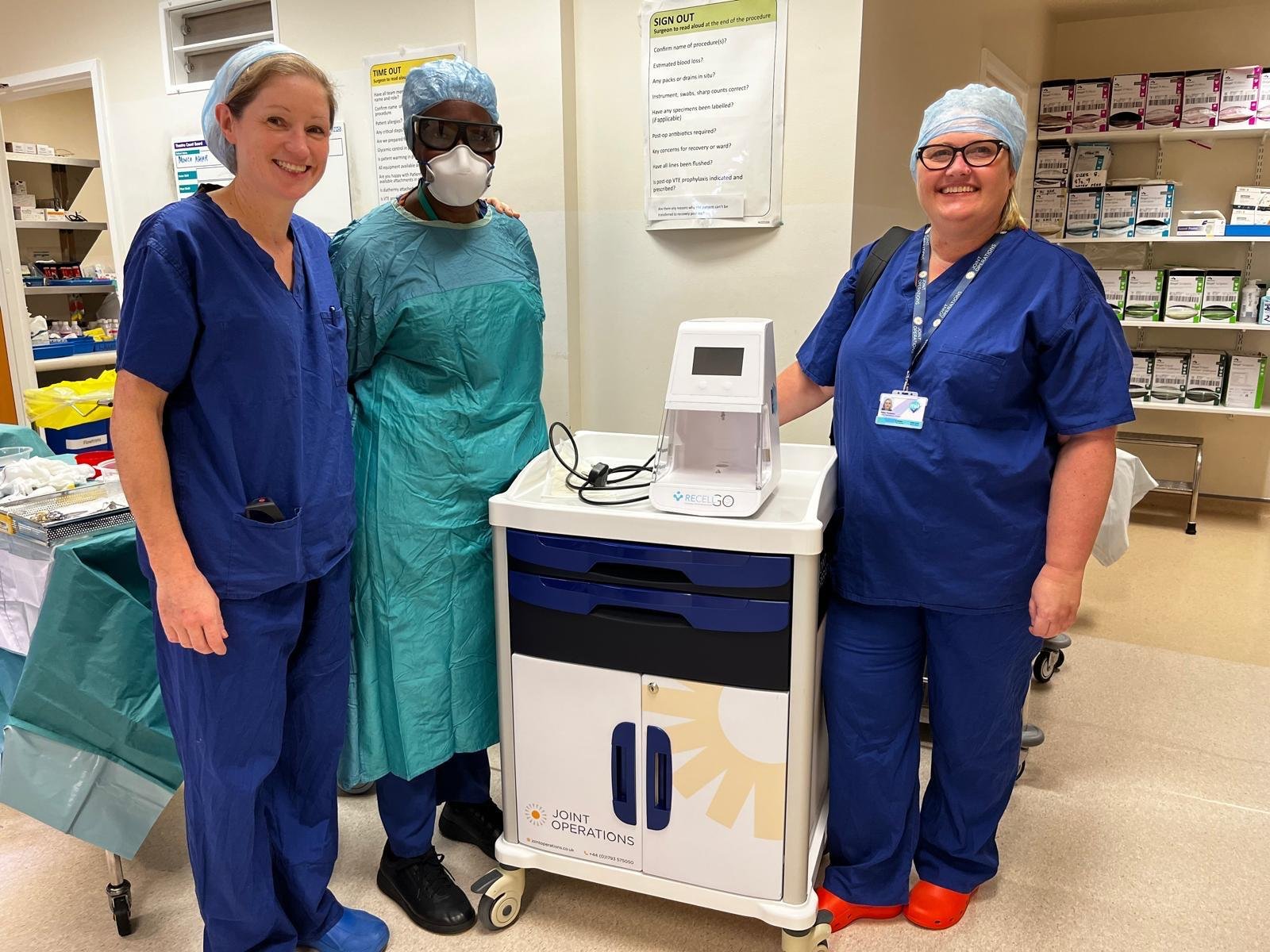 Left to right: Alexandra Murray Consultant Plastics and Burns Surgeon and Clinical Lead for Burns at the Trust with Jennifer Sears Senior Plastics and Burns Scrub Nurse, RECELL GO and Elaine Thompson Joint Operations Rep