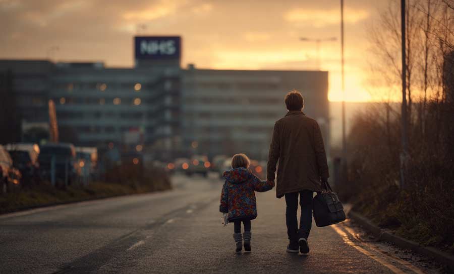 A dad and his daugther walk towards the hospital